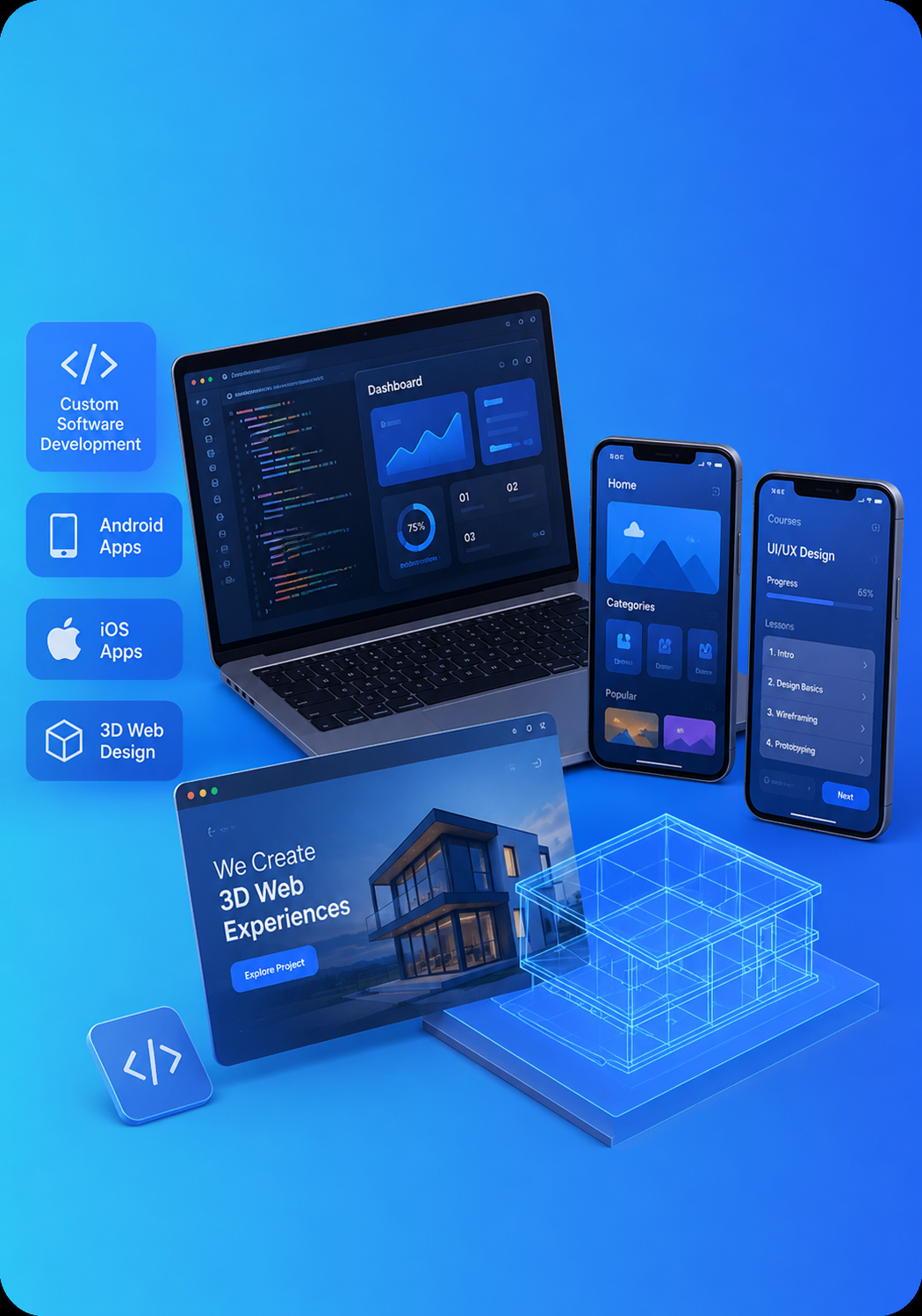 Professional web developers creating modern websites, Android & iOS apps, AI tools, 3D web designs, and custom software solutions for businesses.