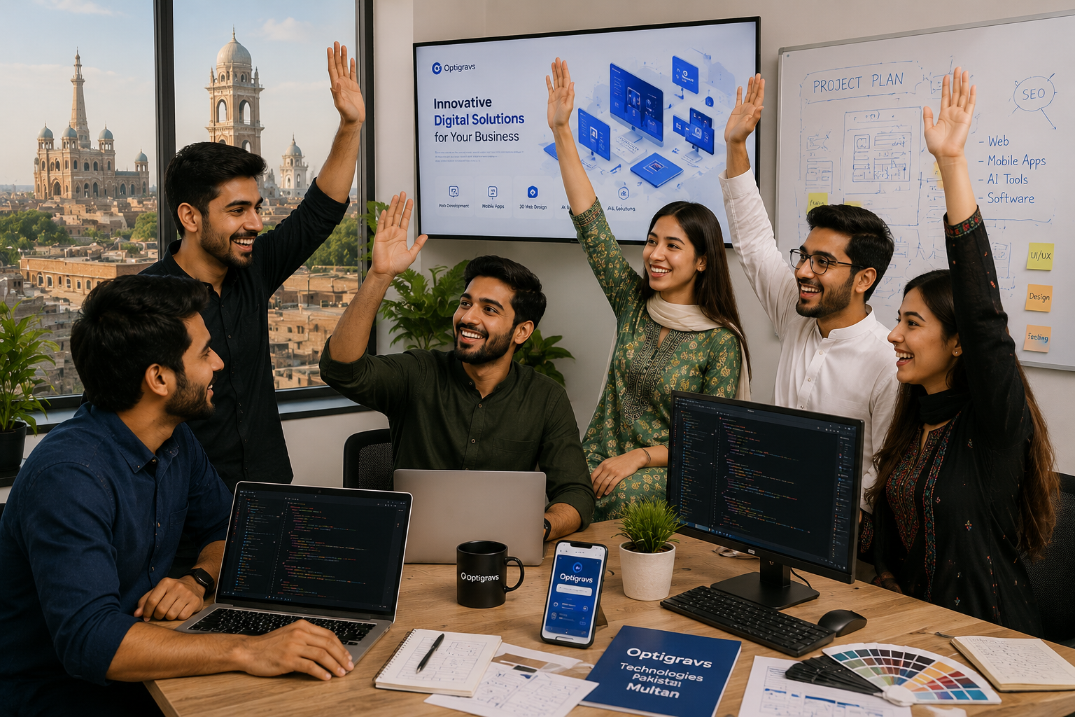 Professional software development team collaborating on web development, Android & iOS app development, AI solutions, UI/UX design, and custom software projects.